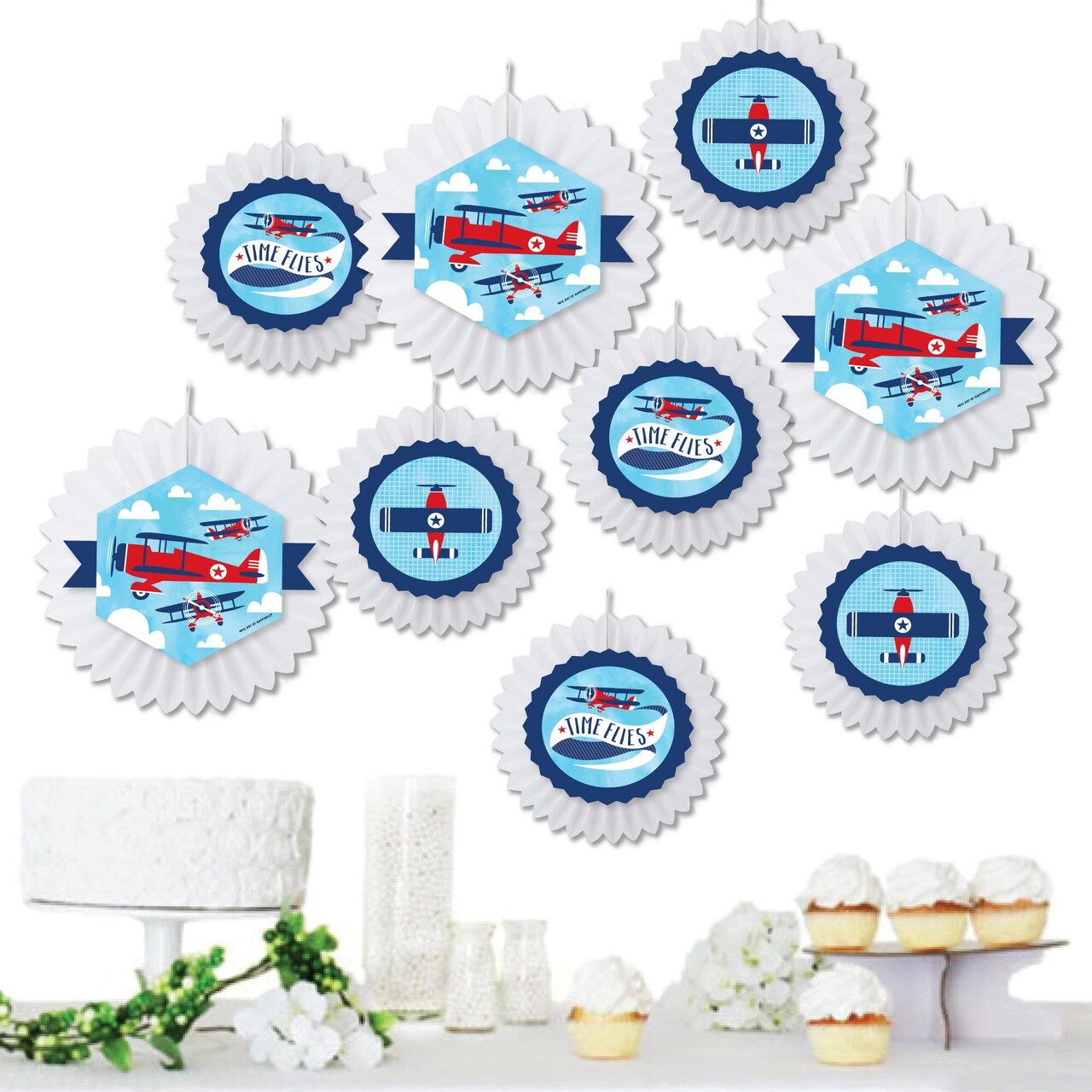 Big Dot of Happiness Taking Flight - Airplane - Hanging Vintage Plane Baby Shower or Birthday Party Tissue Decoration Kit - Paper Fans - Set of 9